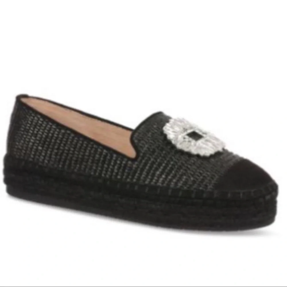 INC International Concepts Black Espadrille Loafers with Silver Accent Brooch